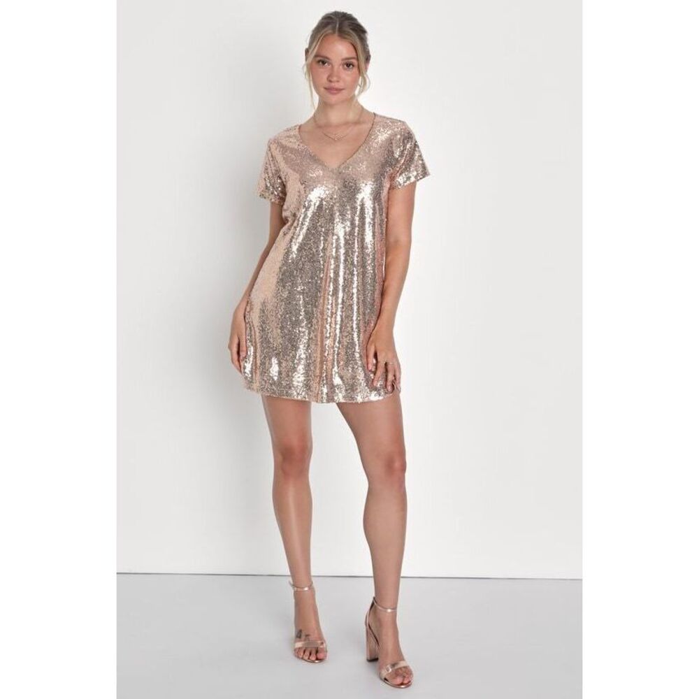 Lulus Light Up The Night Champagne Sequin Shift Dress Gold - Size S